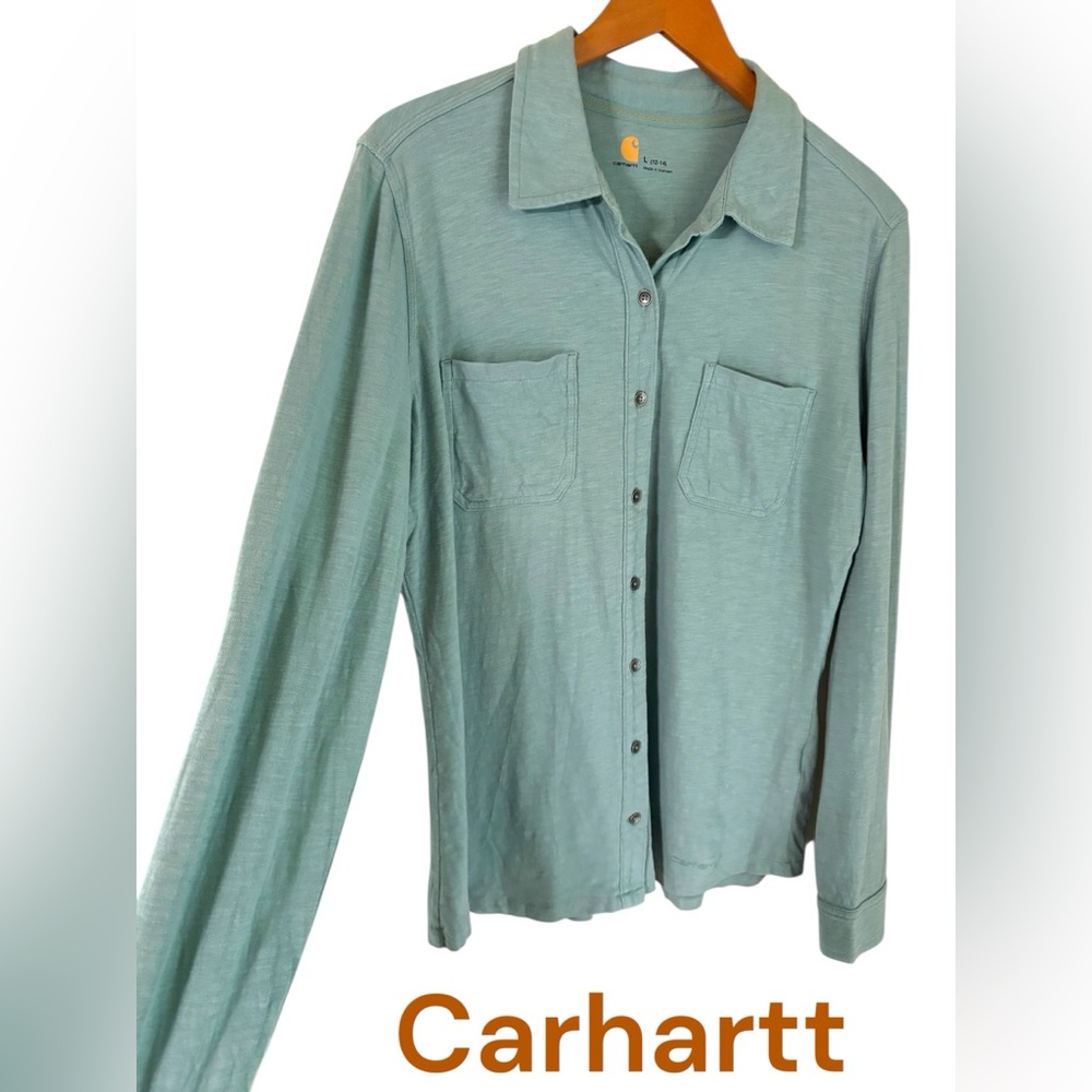Carhartt-women’s large shirt. Sea-foam green. Roll tab sleeve. Super soft! EUC!